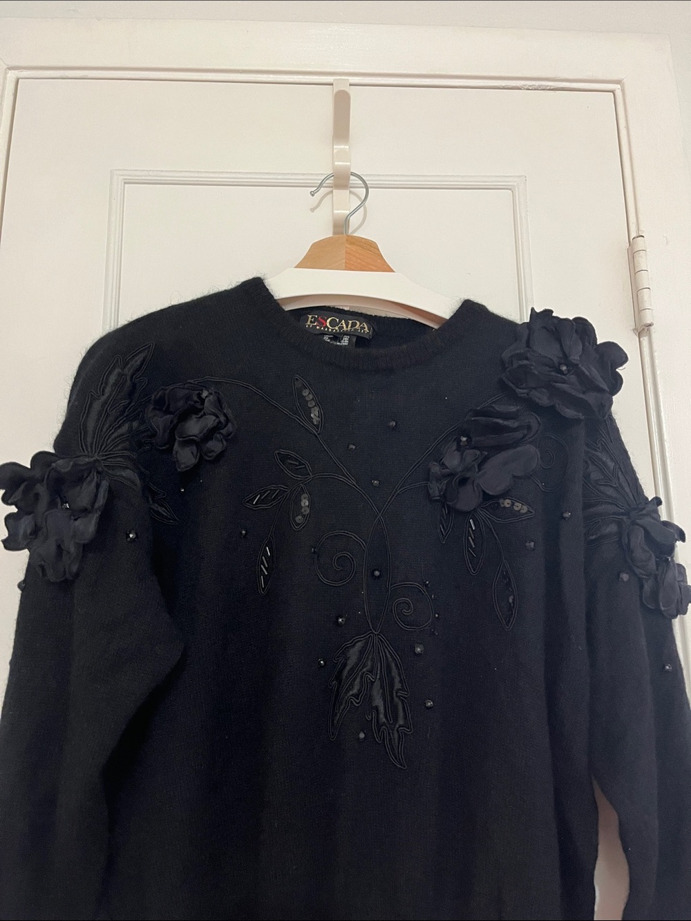 Escada Black Floral Appliqué Crewneck Sweater